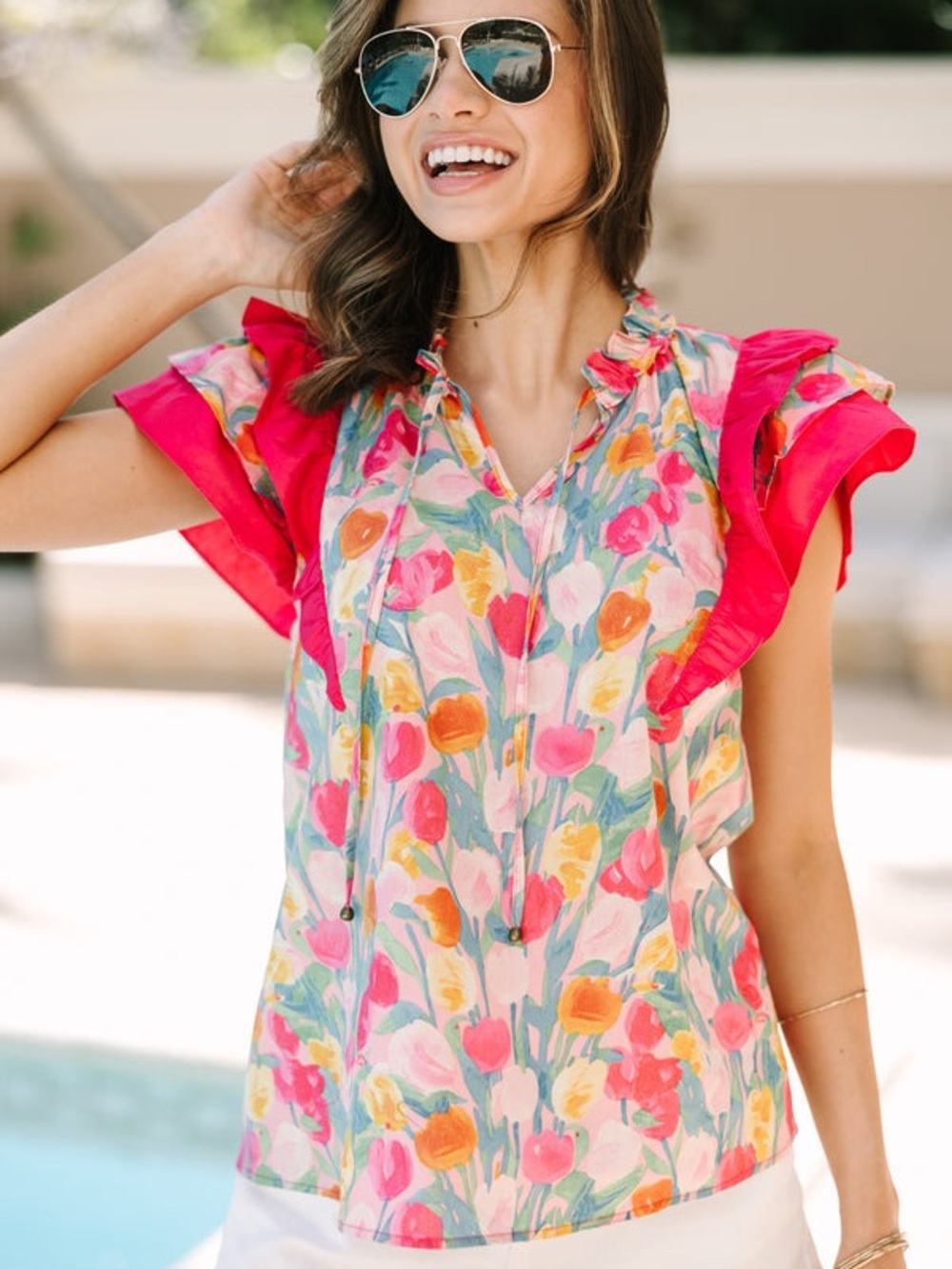 entro Pink Multi Floral Ruffle Sleeve Blouse